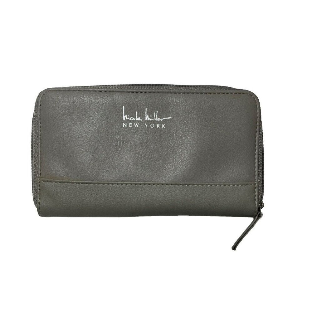 Nicole Miller New York Gray Faux Leather Zip Around Wallet Card Coin Organizer